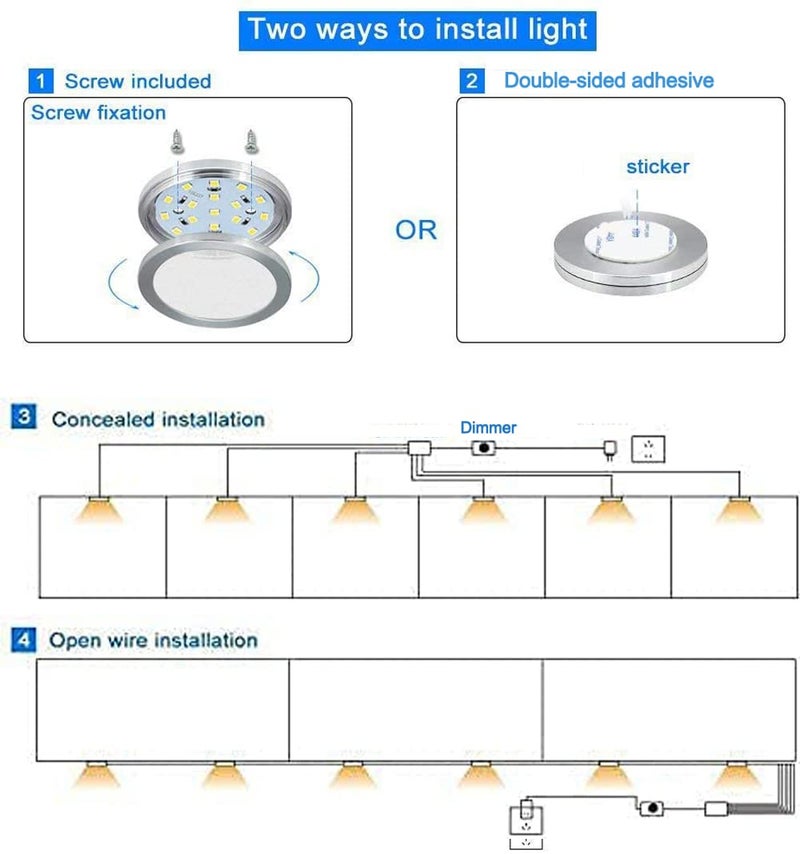 Cefrank أضواء LED دائرية، مجموعة من 6، بيضاء | إضاءة تحت الخزائن قابلة للتعتيم، إضاءة تحت الطاولة للمطبخ، خزانة، رف، جميع الملحقات متضمنة (6 عبوة، بيضاء) - Image 5